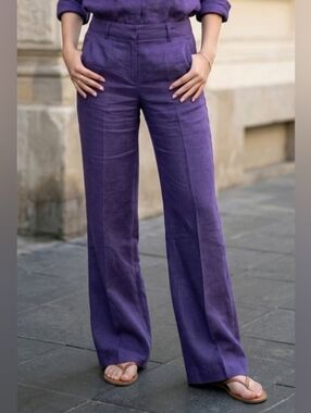 Theory Emery Flare Leg SZ 4 Linen Blend Mid Rise Purple Career Trouser Stretch
